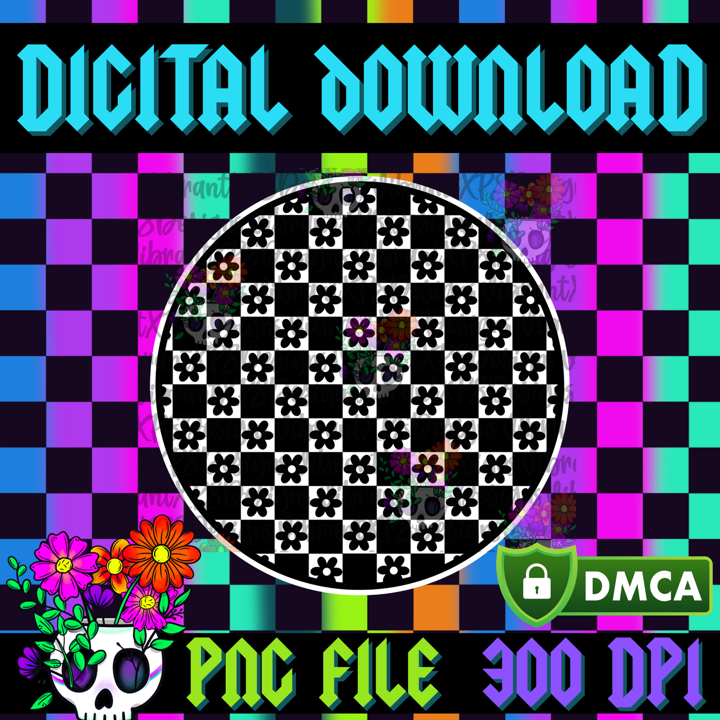 Checkered Daisies Circle - PNG